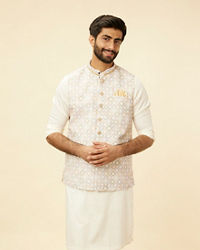 Manyavar Men Light Cream Grid Patterned Jacket