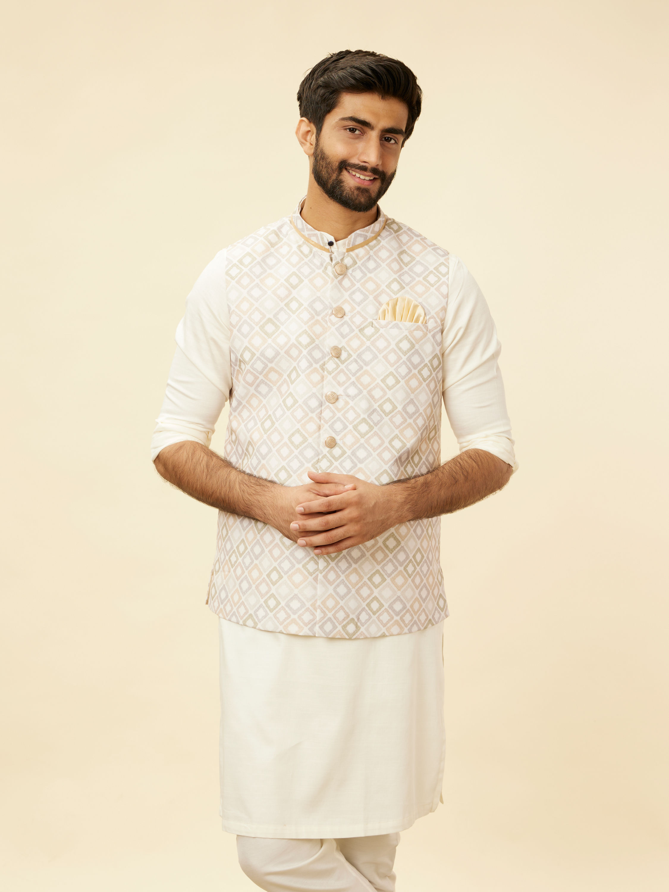 Manyavar Men Light Cream Grid Patterned Jacket