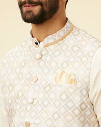 Manyavar Men Light Cream Grid Patterned Jacket