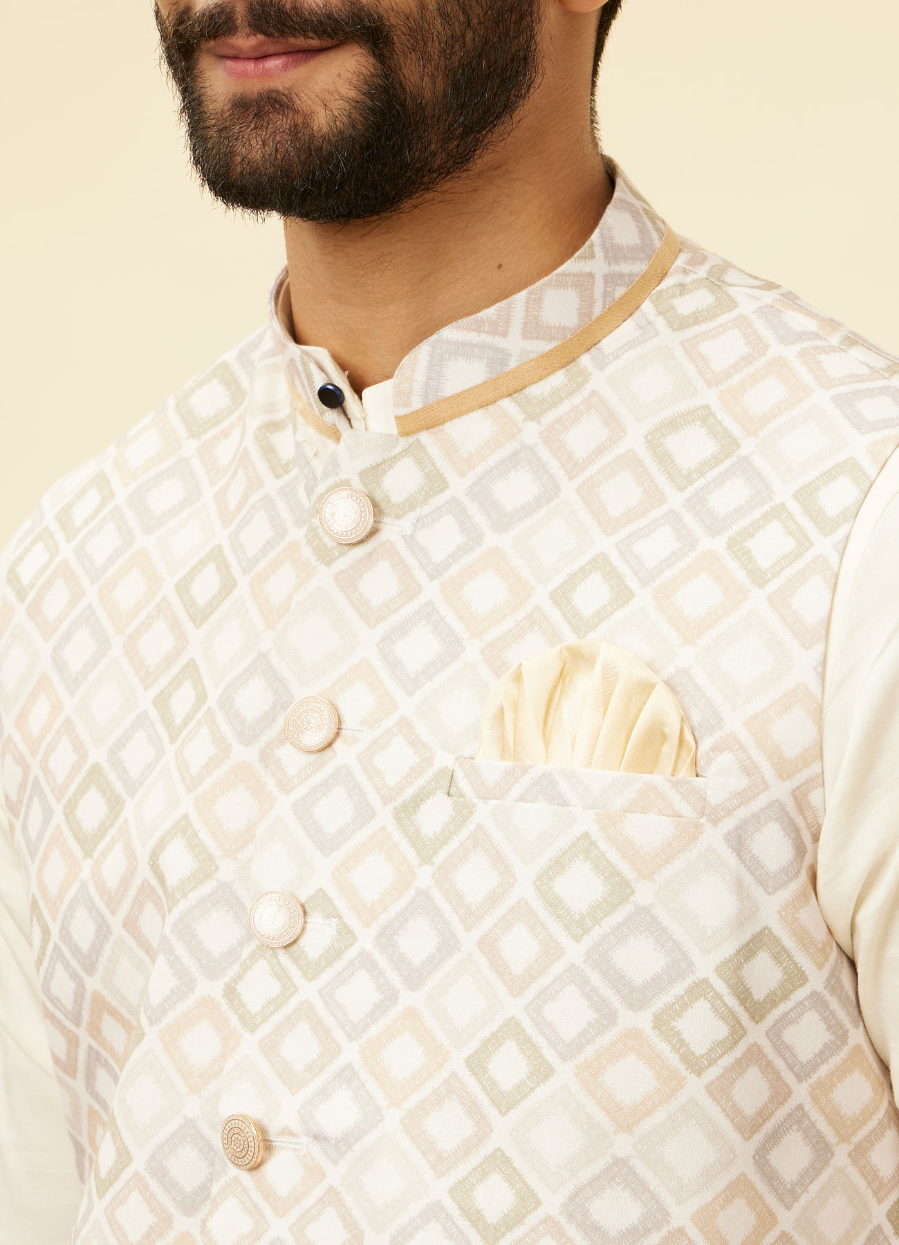 Manyavar Men Light Cream Grid Patterned Jacket