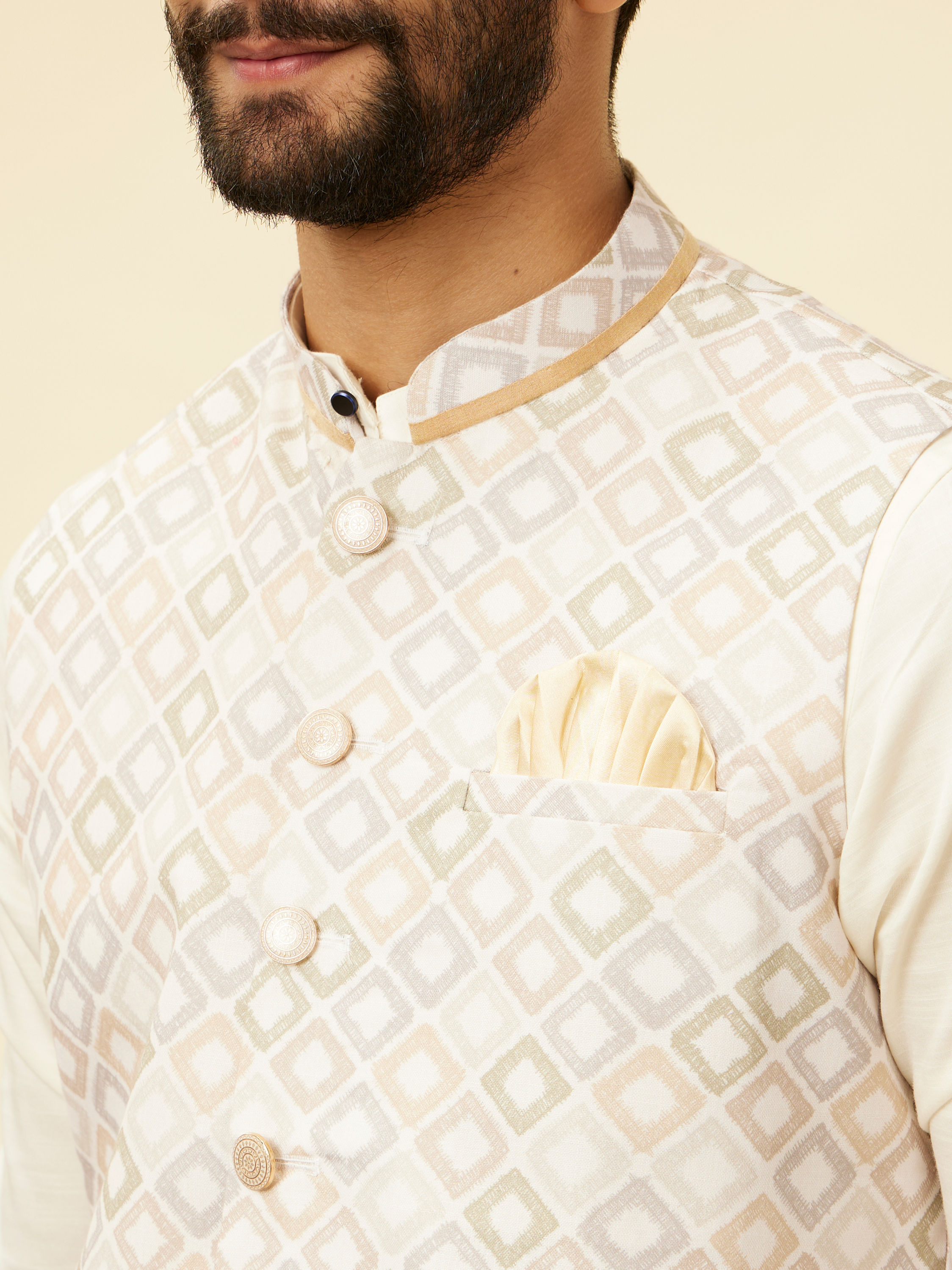 Manyavar Men Light Cream Grid Patterned Jacket