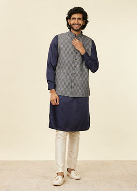 Manyavar Men Dark Blue Medallion Patterned Nehru Jacket image number 2