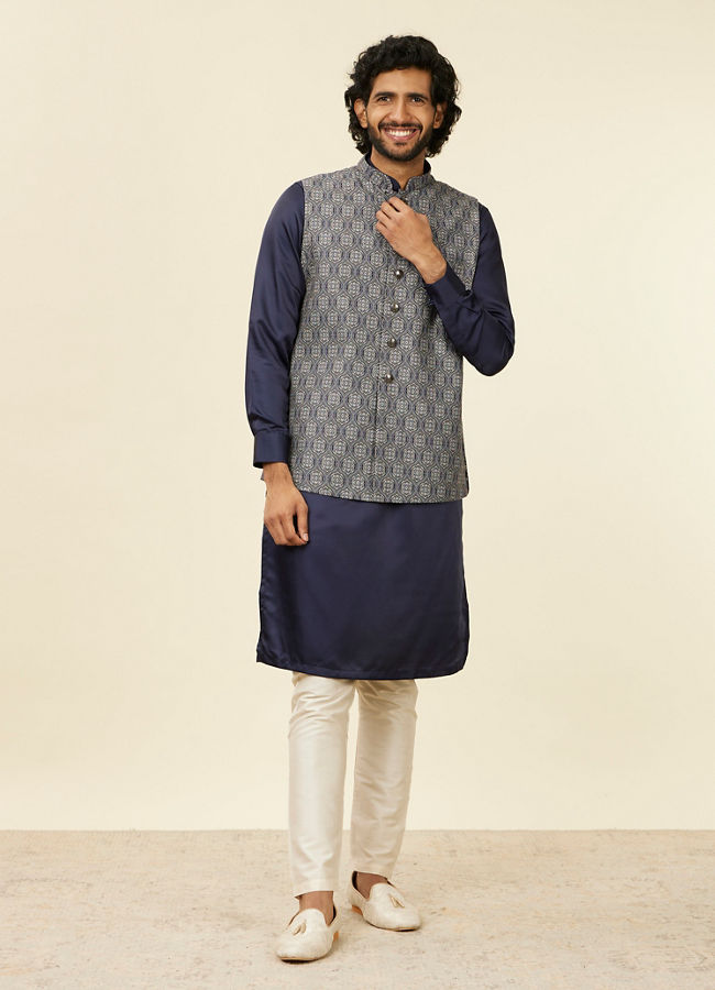 Manyavar Men Dark Blue Medallion Patterned Nehru Jacket
