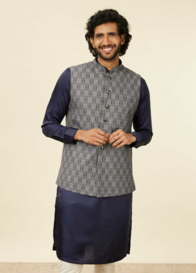 alt message - Manyavar Men Dark Blue Medallion Patterned Nehru Jacket