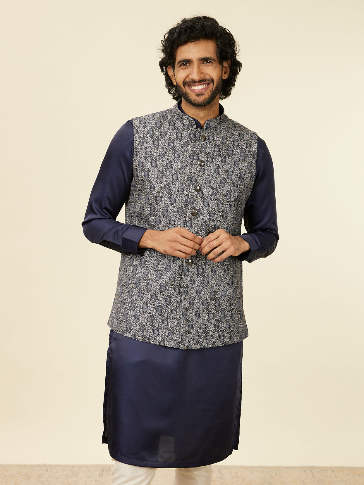 alt message - Manyavar Men Dark Blue Medallion Patterned Nehru Jacket image number 0