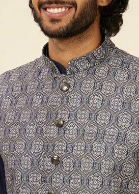 Manyavar Men Dark Blue Medallion Patterned Nehru Jacket image number 1