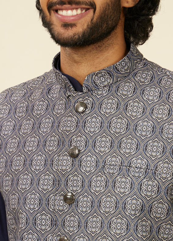 Manyavar Men Dark Blue Medallion Patterned Nehru Jacket