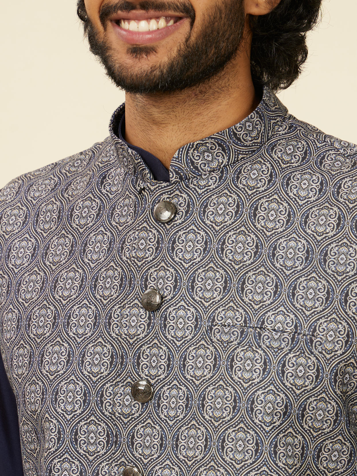 alt message - Manyavar Men Dark Blue Medallion Patterned Nehru Jacket image number 1