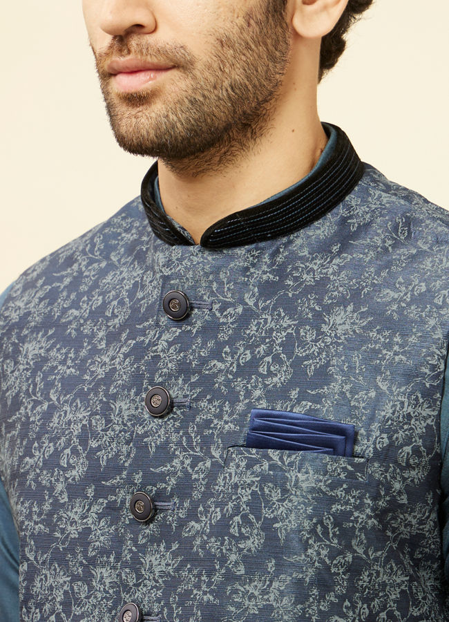 Manyavar Men Metallic Blue Bel Buti Printed Jacket
