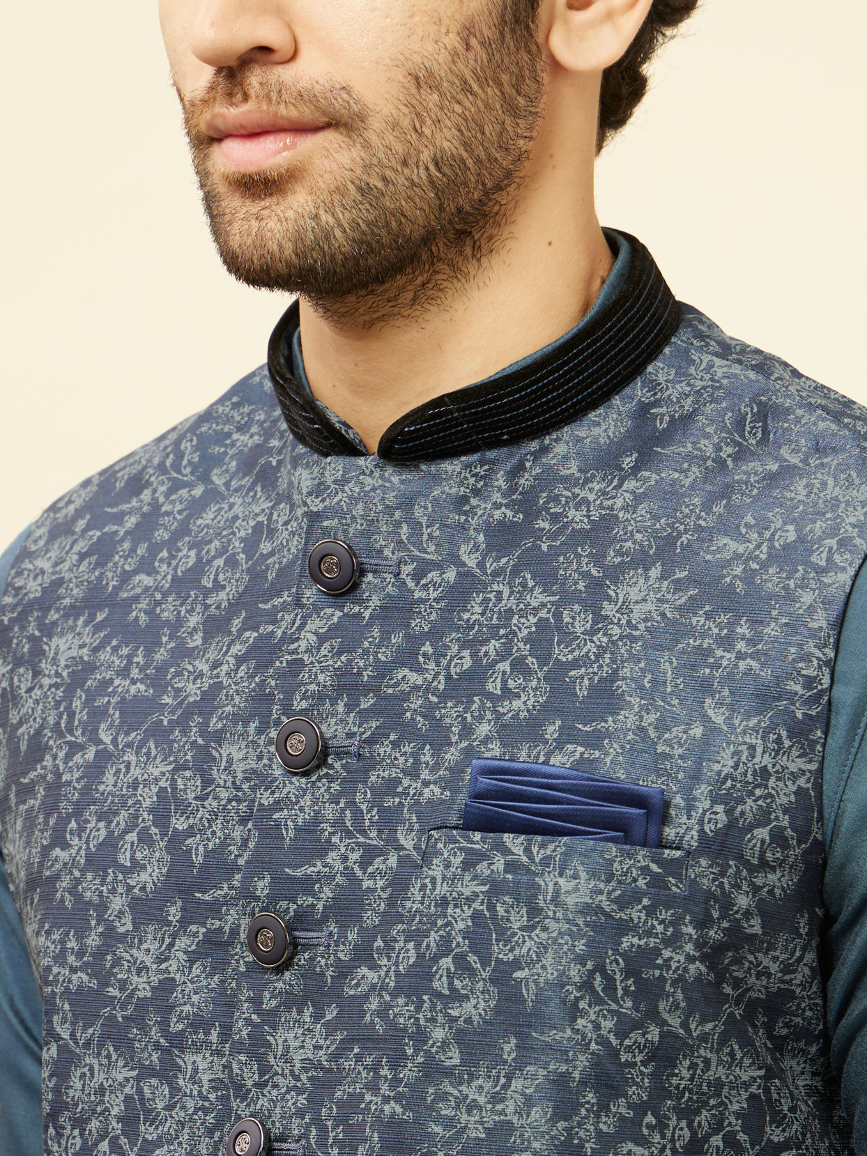 Manyavar Men Metallic Blue Bel Buti Printed Jacket