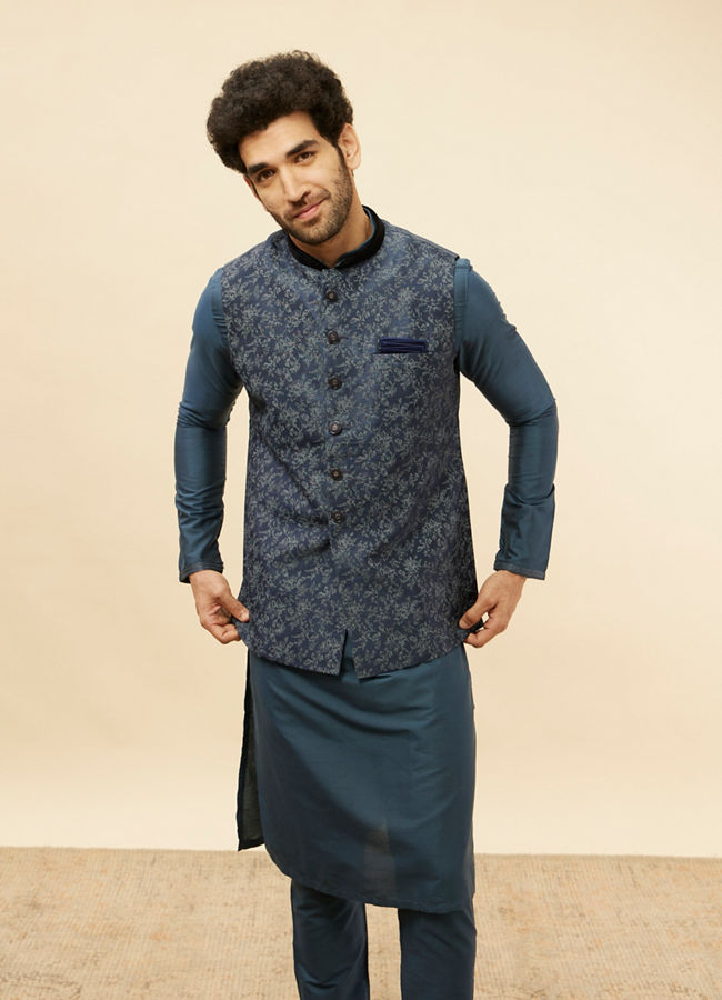 Manyavar Men Metallic Blue Bel Buti Printed Jacket