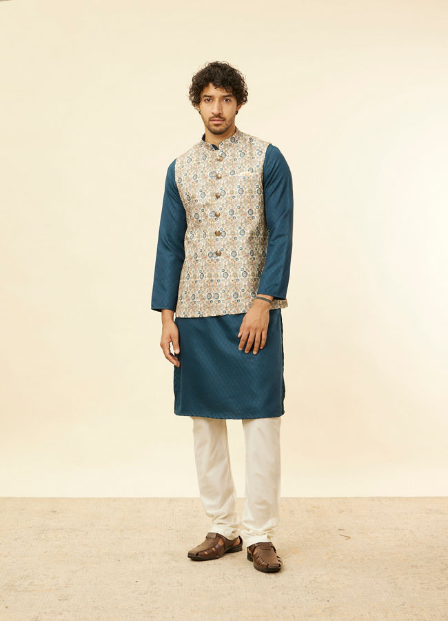 alt message - Manyavar Men Cream Beige Abstract Printed Jacket image number 2