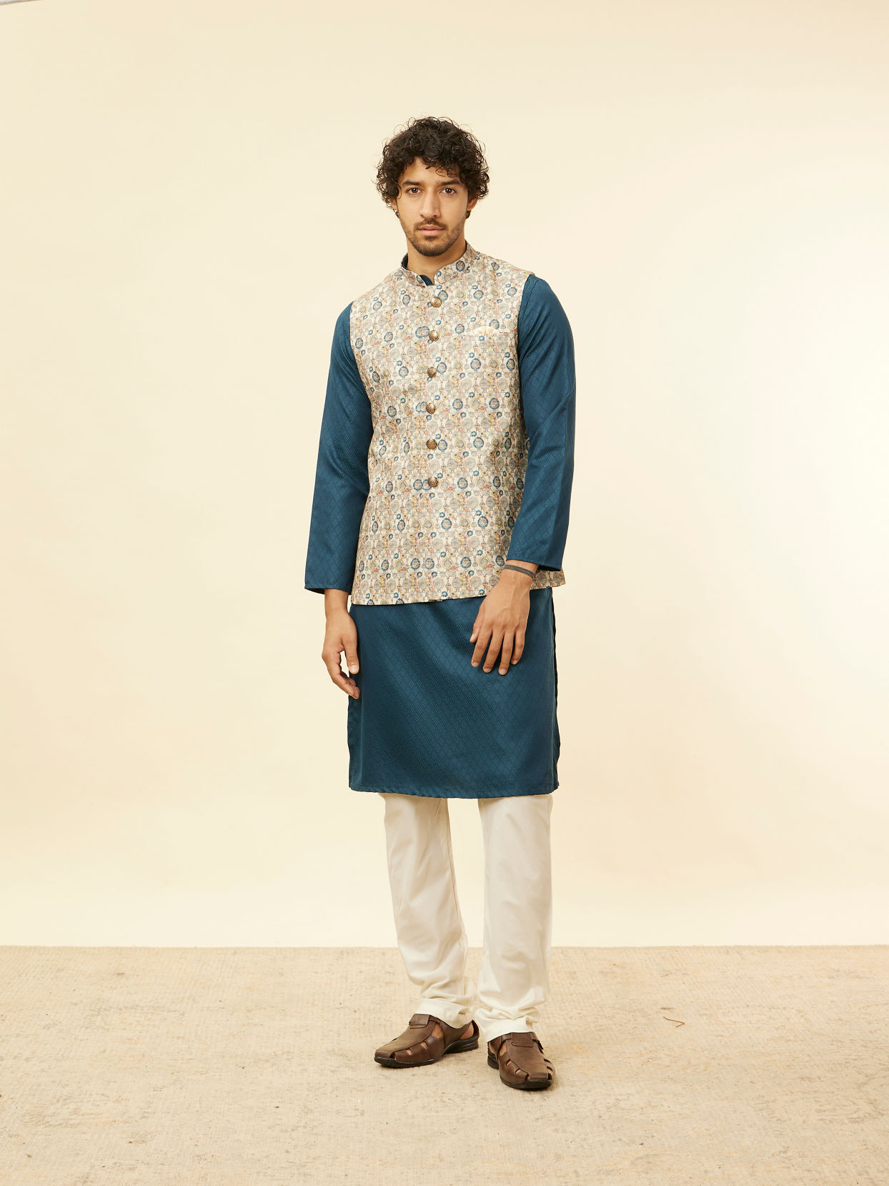 alt message - Manyavar Men Cream Beige Abstract Printed Jacket image number 2