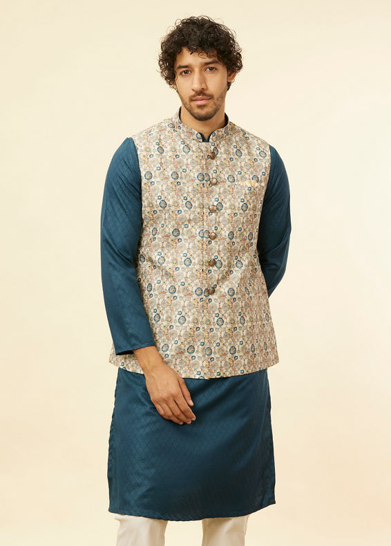 alt message - Manyavar Men Cream Beige Abstract Printed Jacket