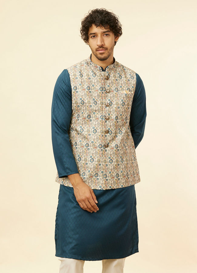 alt message - Manyavar Men Cream Beige Abstract Printed Jacket image number 0