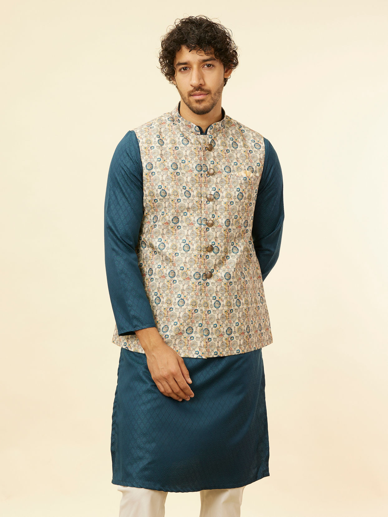 alt message - Manyavar Men Cream Beige Abstract Printed Jacket image number 0