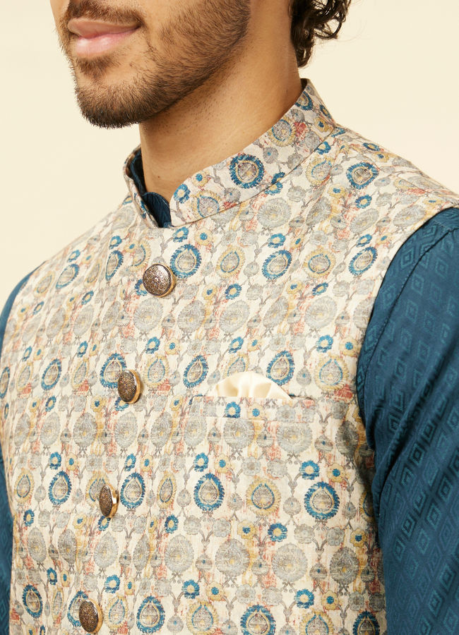 alt message - Manyavar Men Cream Beige Abstract Printed Jacket image number 1