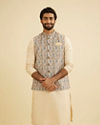 Manyavar Men Cream Beige Abstract Printed Jacket image number 0