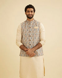 Manyavar Men Cream Beige Abstract Printed Jacket