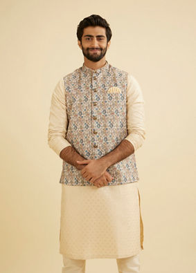 Manyavar Men Cream Beige Abstract Printed Jacket