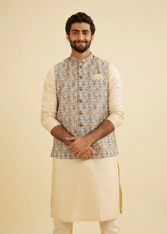 Manyavar Men Cream Beige Abstract Printed Jacket