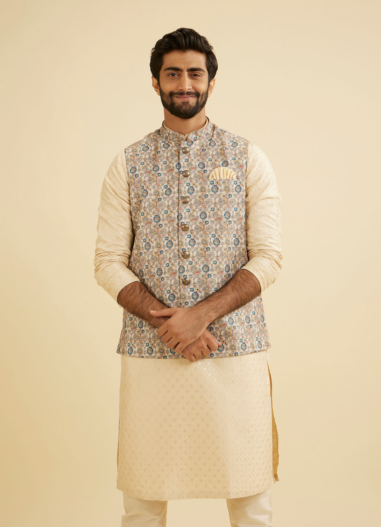Manyavar Men Cream Beige Abstract Printed Jacket