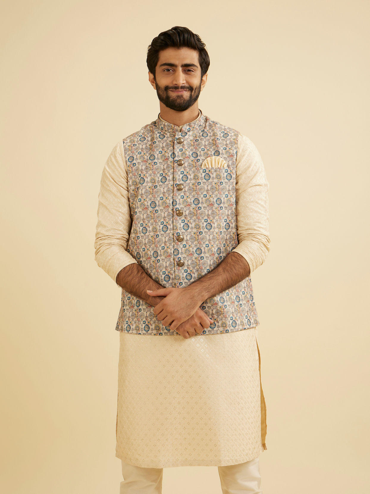 Manyavar Men Cream Beige Abstract Printed Jacket image number 0