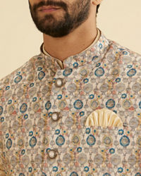 Manyavar Men Cream Beige Abstract Printed Jacket