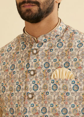 Manyavar Men Cream Beige Abstract Printed Jacket