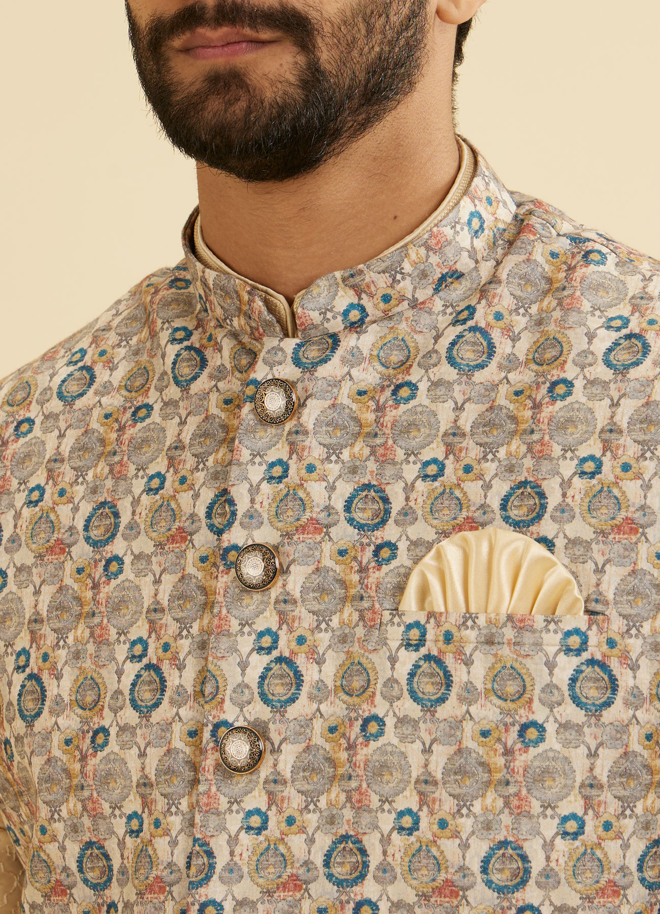 Manyavar Men Cream Beige Abstract Printed Jacket
