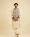 Manyavar Men Cream Beige Abstract Printed Jacket