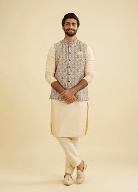 Manyavar Men Cream Beige Abstract Printed Jacket image number 2