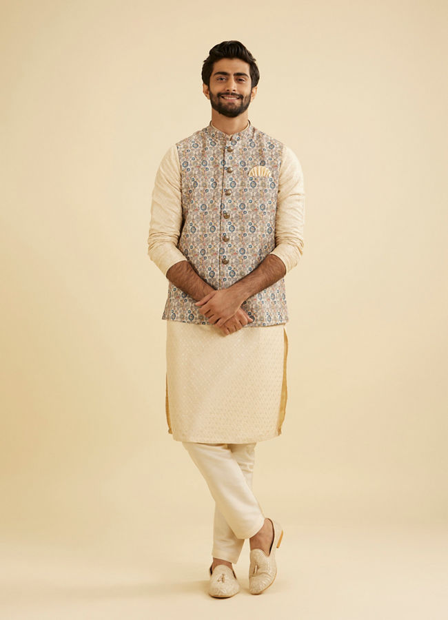Manyavar Men Cream Beige Abstract Printed Jacket