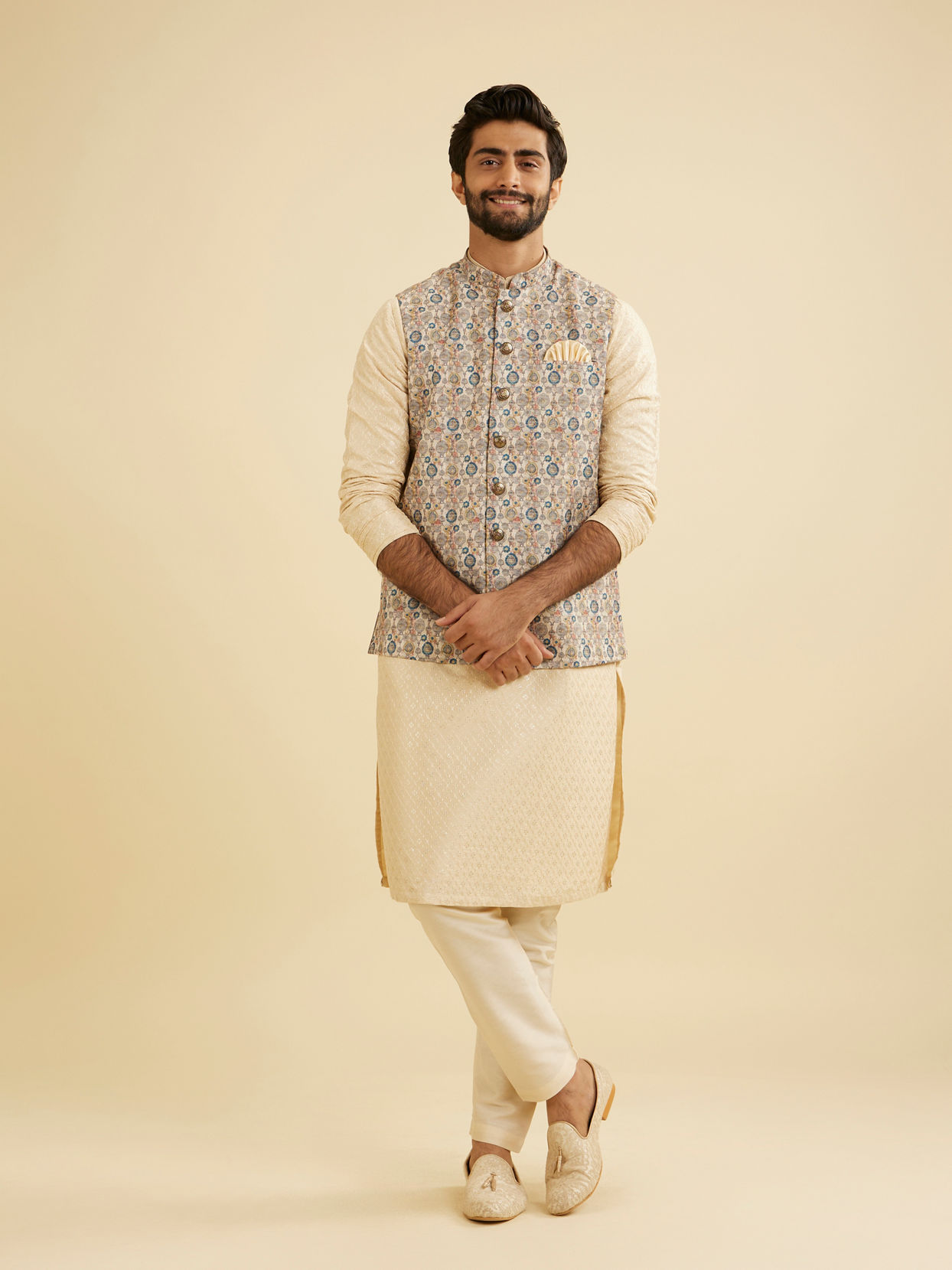 Manyavar Men Cream Beige Abstract Printed Jacket