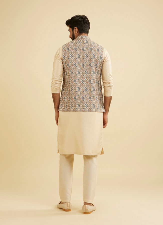 Manyavar Men Cream Beige Abstract Printed Jacket