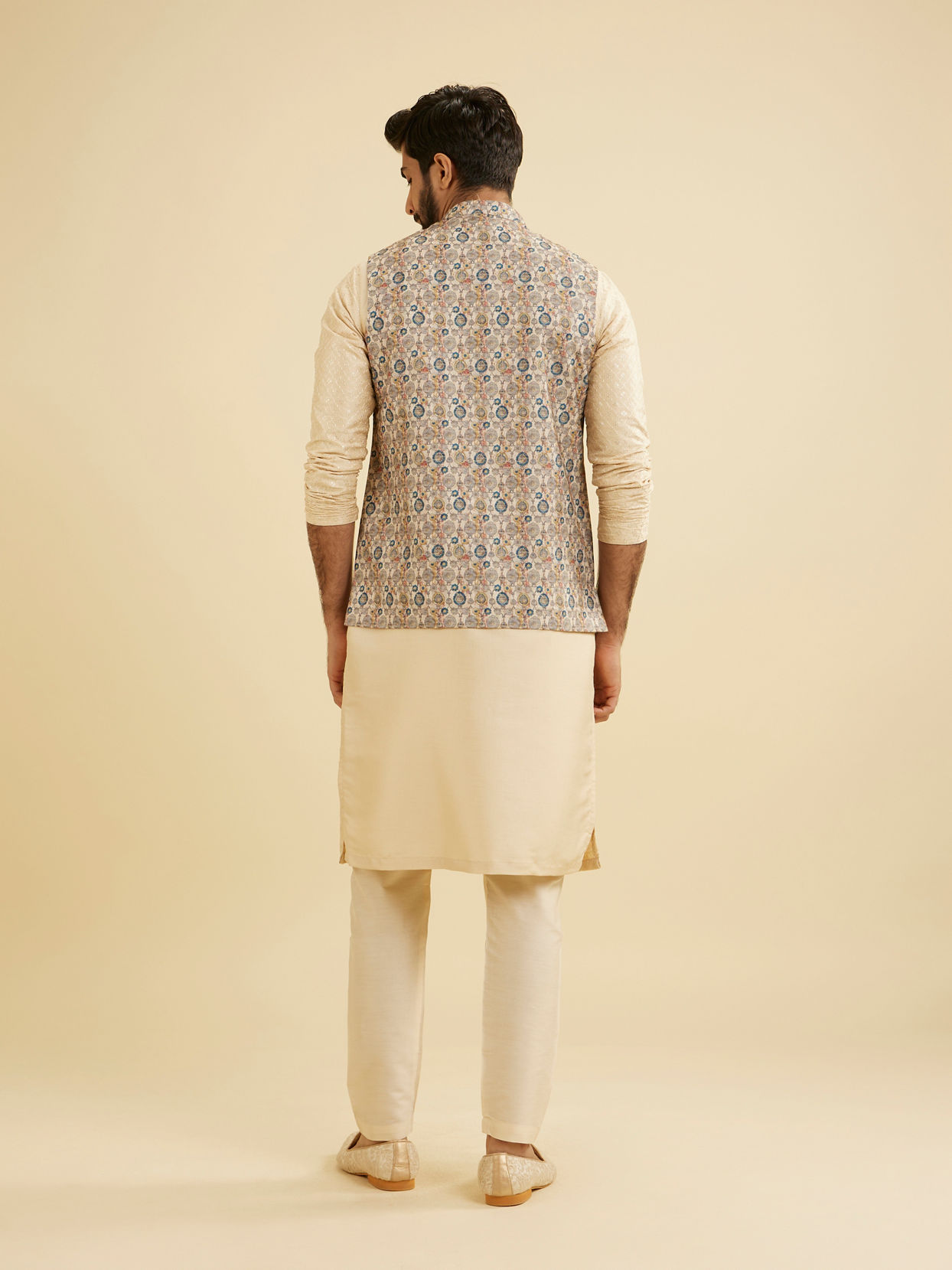 Manyavar Men Cream Beige Abstract Printed Jacket