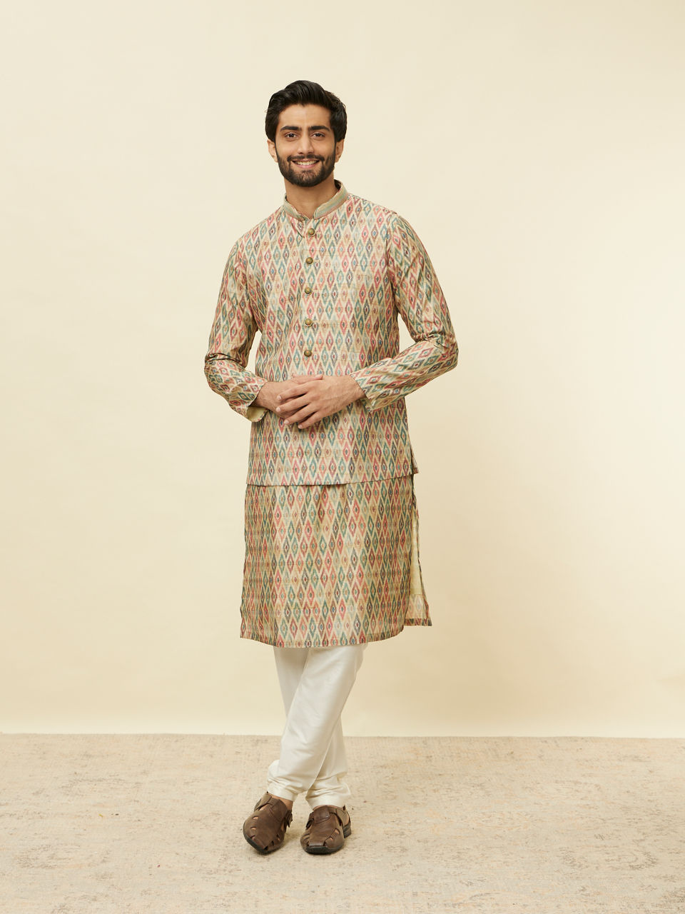 Manyavar Men Pistachio Green Harlequin Printed Jacket