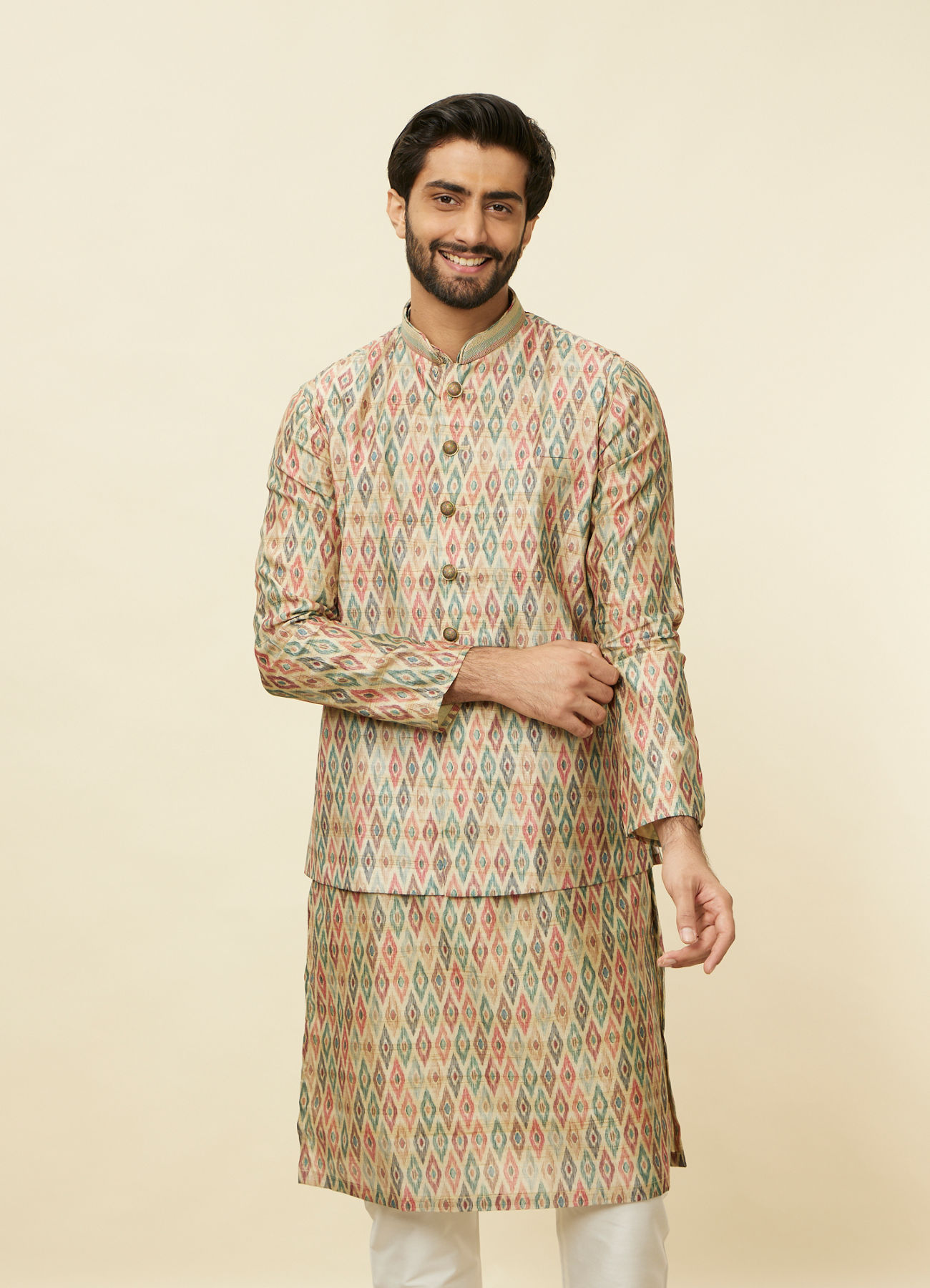 Manyavar Men Pistachio Green Harlequin Printed Jacket