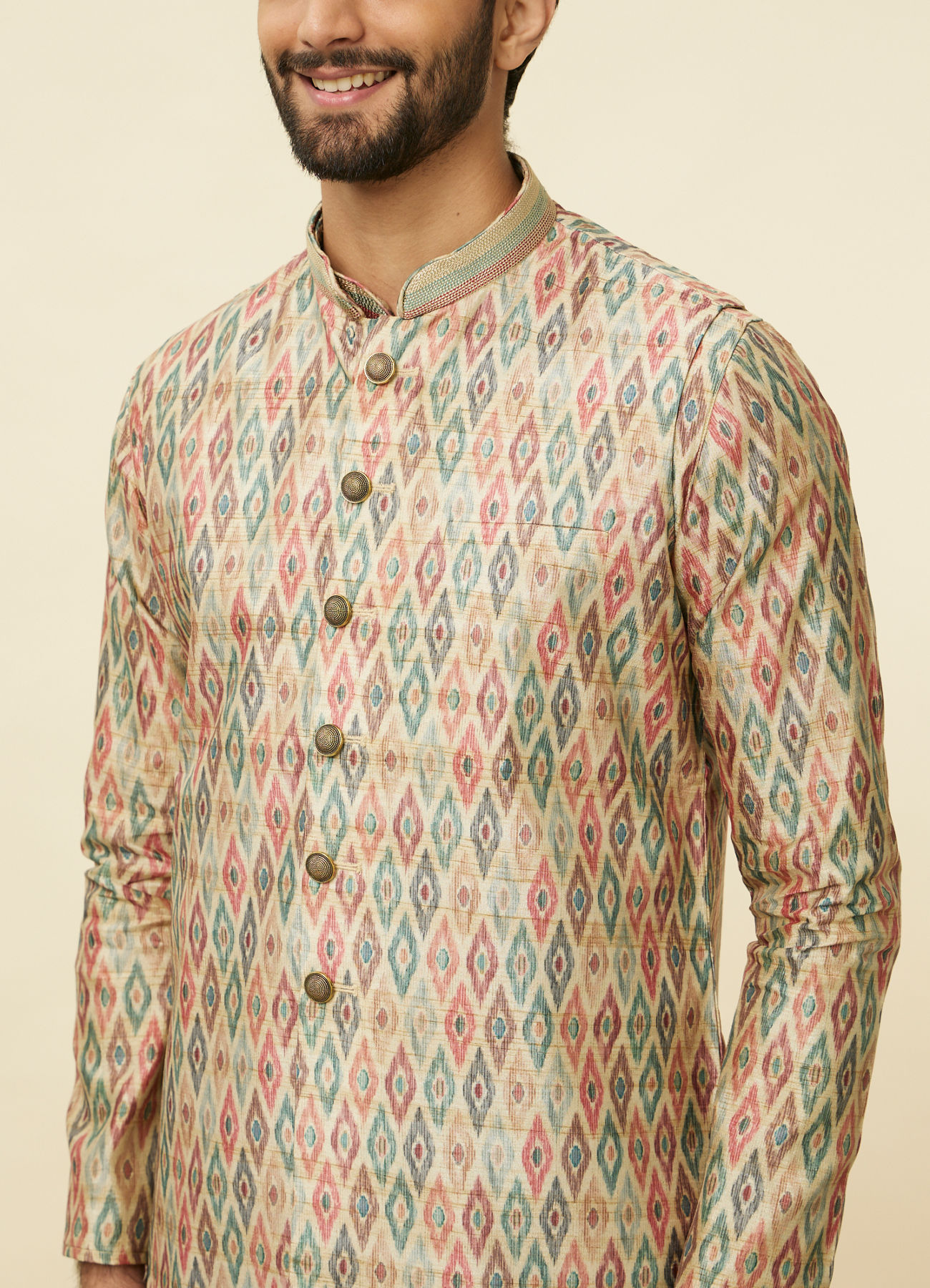 Manyavar Men Pistachio Green Harlequin Printed Jacket