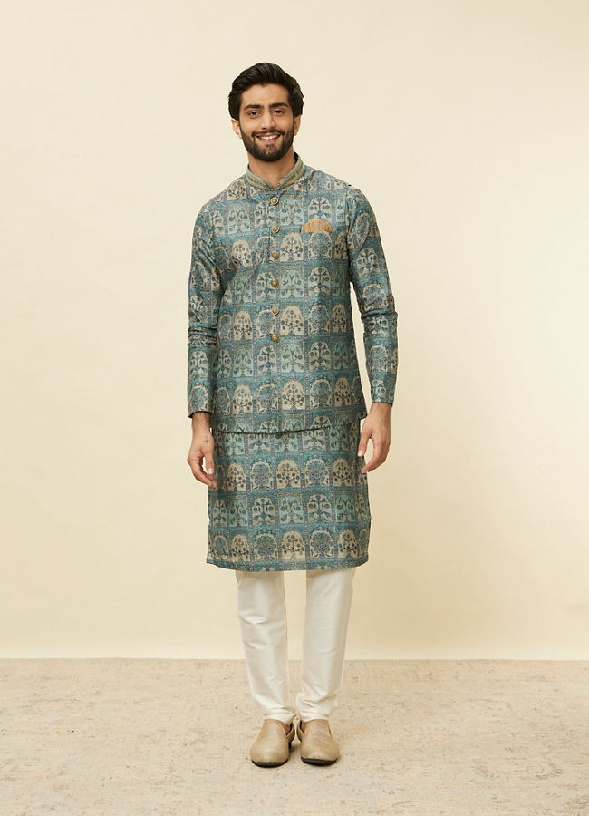 Manyavar Men Tea Green Courtly Print Jacket