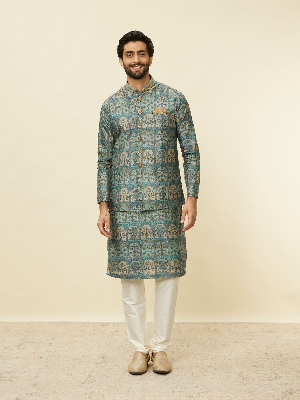 Manyavar Men Tea Green Courtly Print Jacket