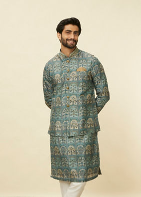 Manyavar Men Tea Green Courtly Print Jacket