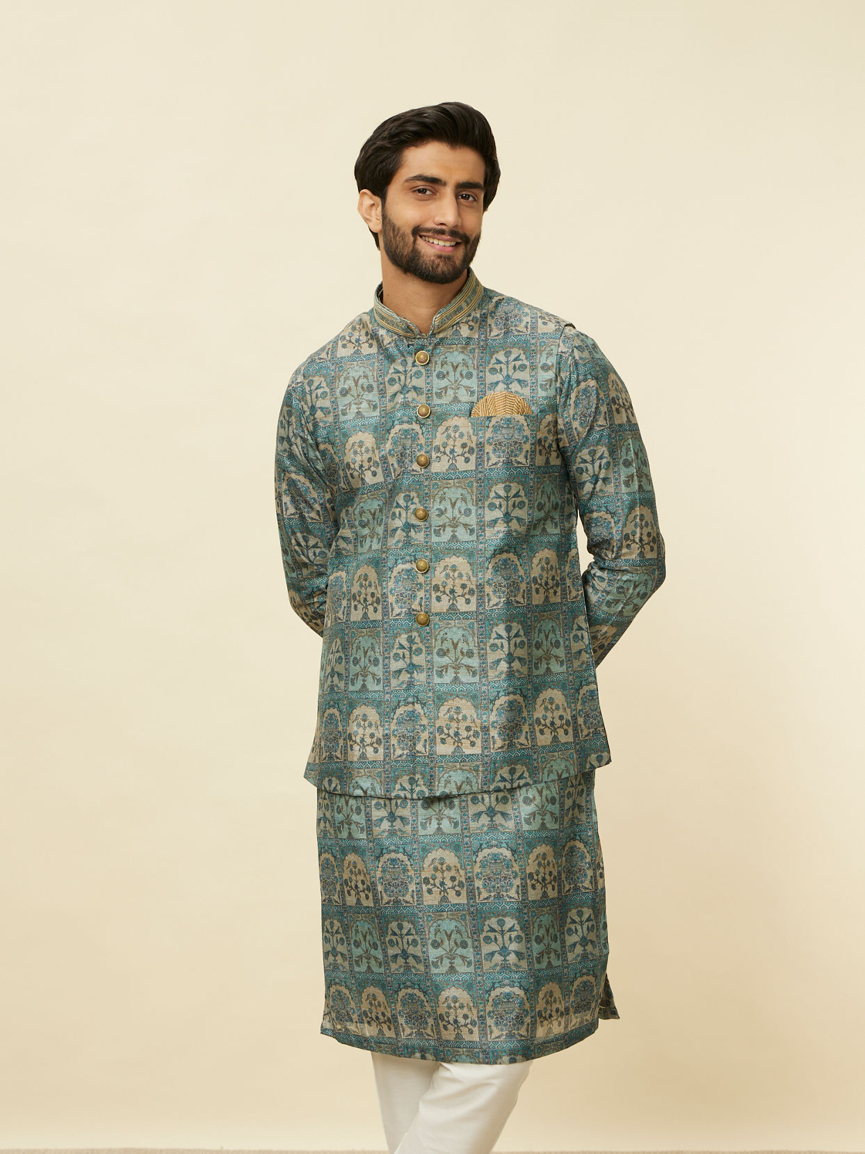 Manyavar Men Tea Green Courtly Print Jacket