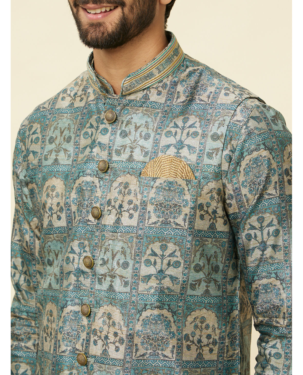 Manyavar Men Tea Green Courtly Print Jacket