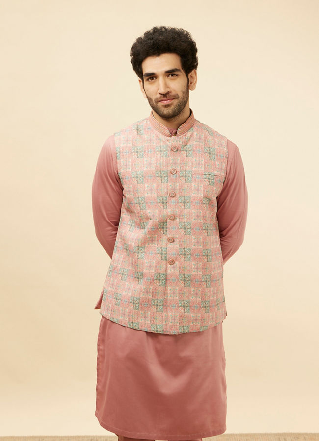 alt message - Manyavar Men Sherbet Pink Kaleidoscopic Printed Sequined Jacket image number 0