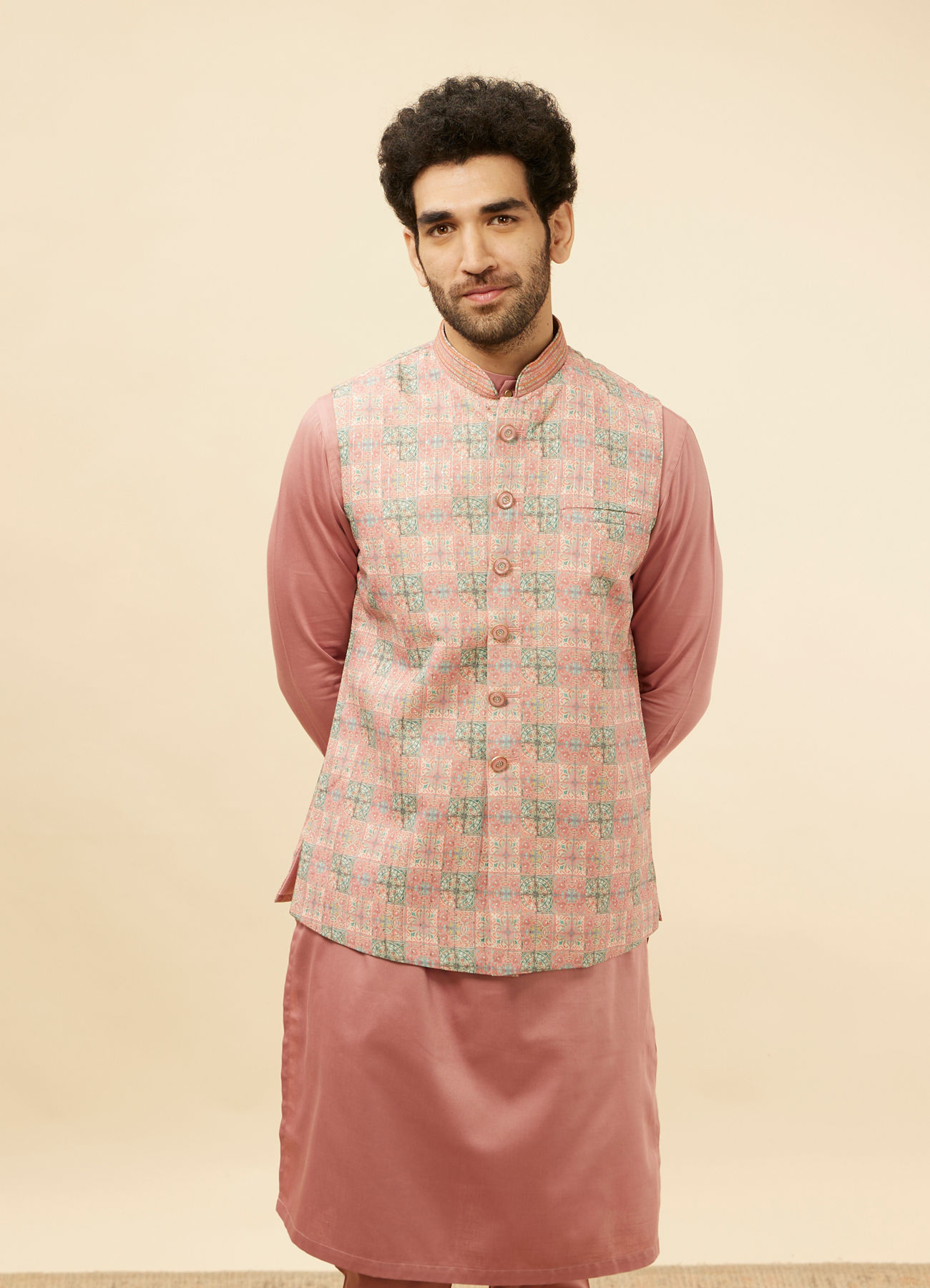 Manyavar Men Sherbet Pink Kaleidoscopic Printed Sequined Jacket