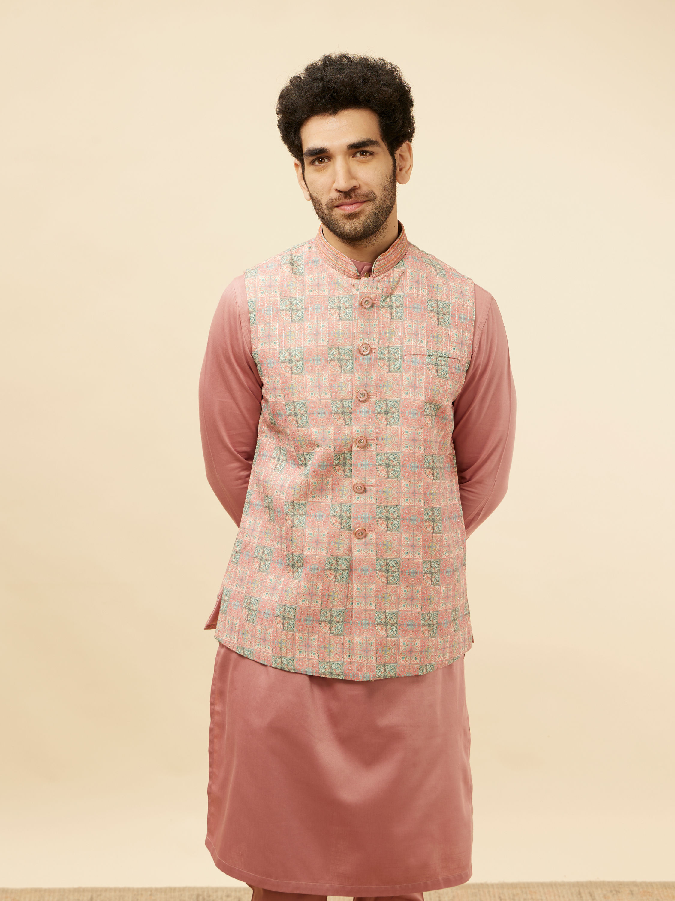 Manyavar Men Sherbet Pink Kaleidoscopic Printed Sequined Jacket