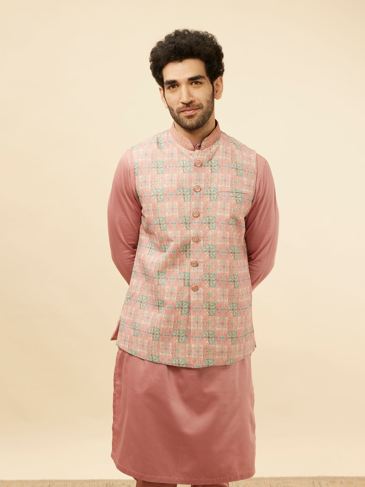 alt message - Manyavar Men Sherbet Pink Kaleidoscopic Printed Sequined Jacket image number 0