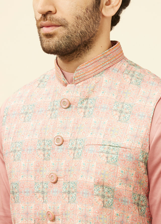 alt message - Manyavar Men Sherbet Pink Kaleidoscopic Printed Sequined Jacket image number 1