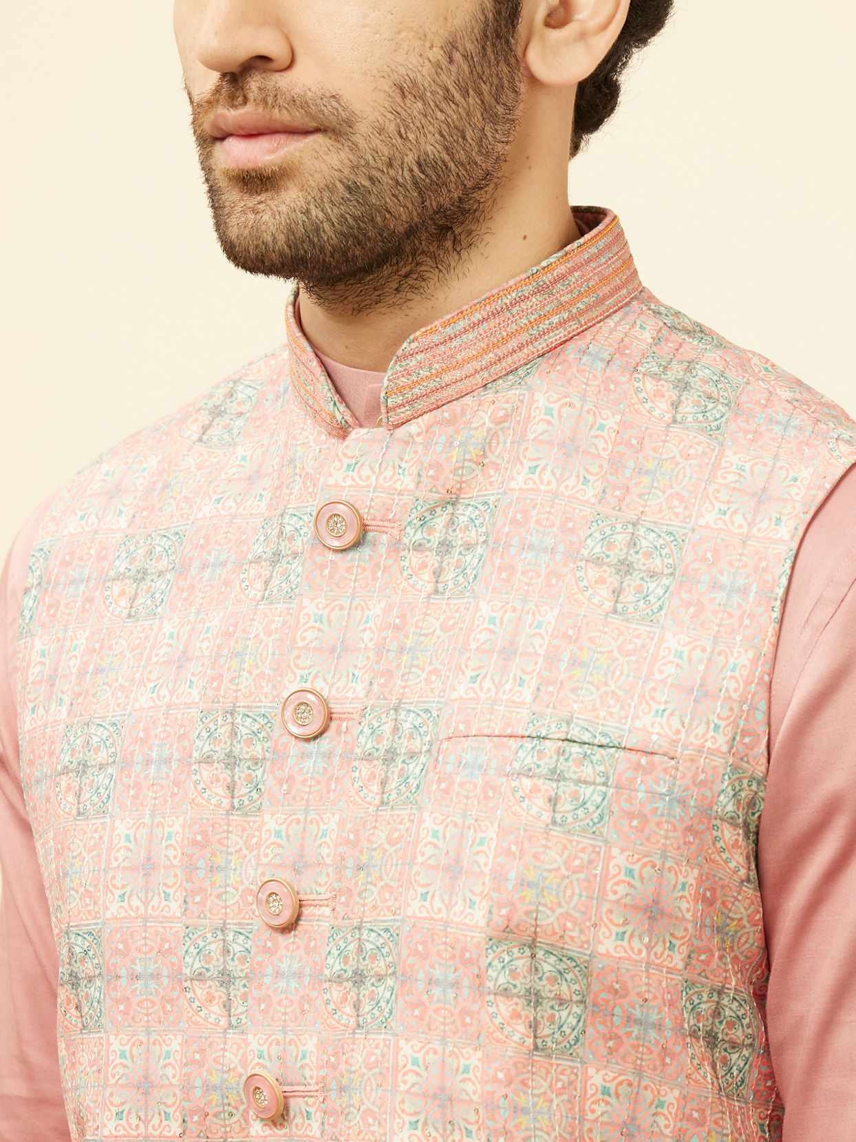 alt message - Manyavar Men Sherbet Pink Kaleidoscopic Printed Sequined Jacket image number 1